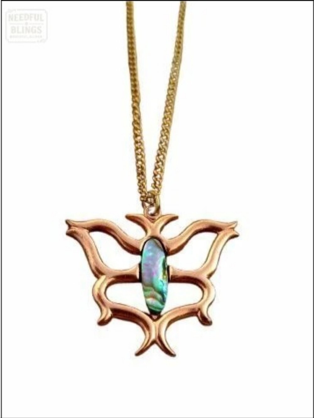 Vintage Abalone Shell Butterfly 🦋 Pendant Necklace Copper Tone
